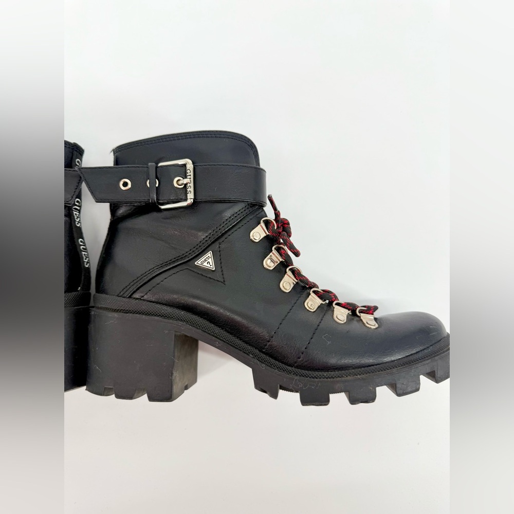 Guess Black Leather Combat Boots with Red Accents - Picture 7 of 9